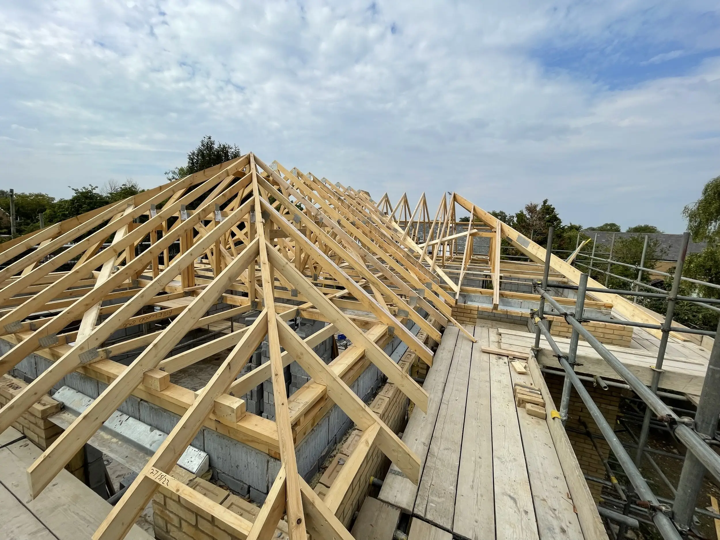 Timber roof structure on a new build